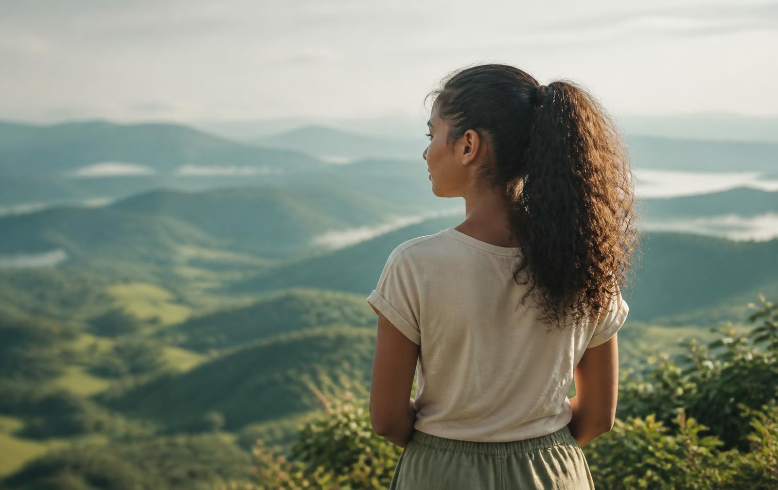 Adolescente observando uma paisagem ao ar livre.