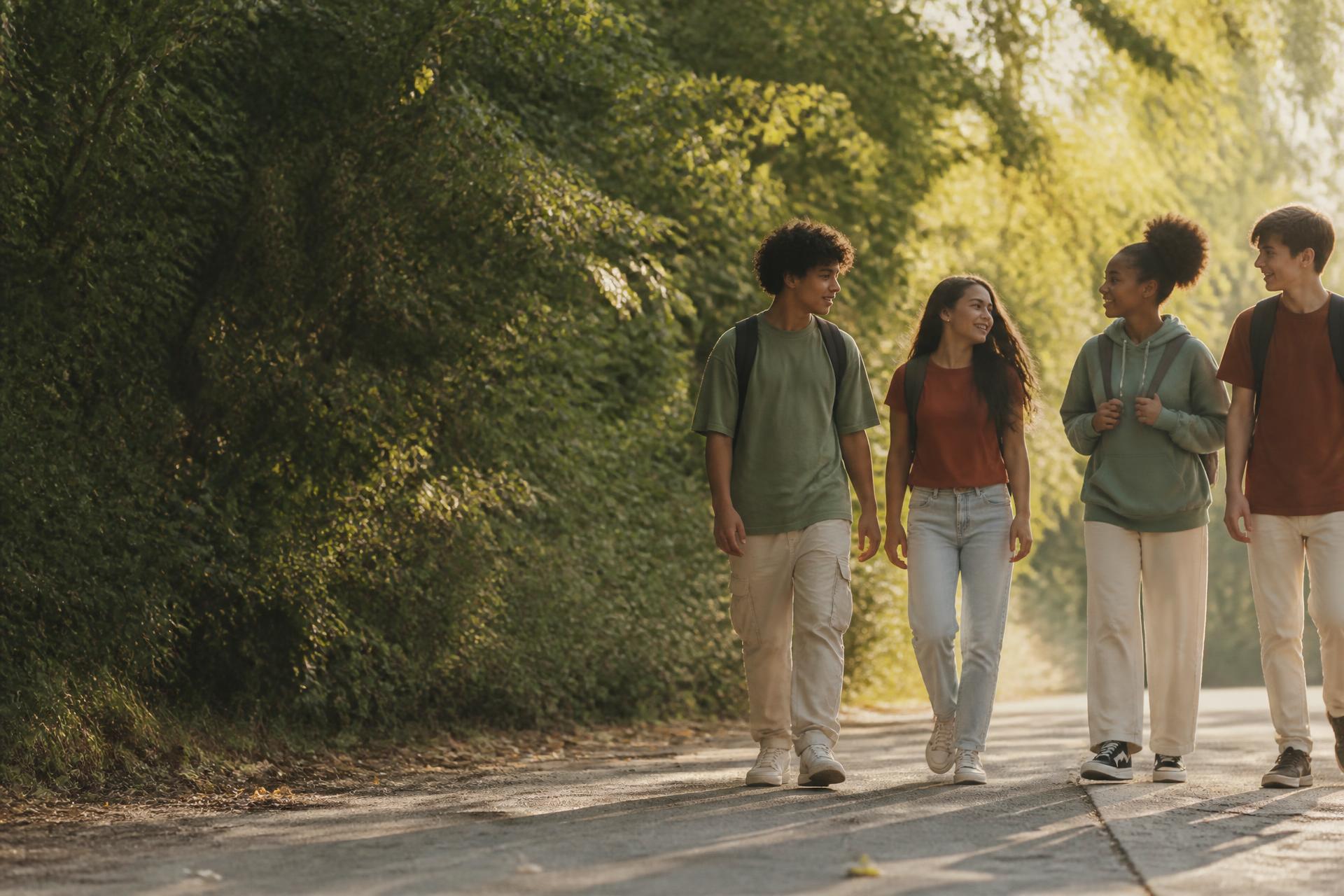 Grupo de adolescentes caminhando juntos ao ar livre.